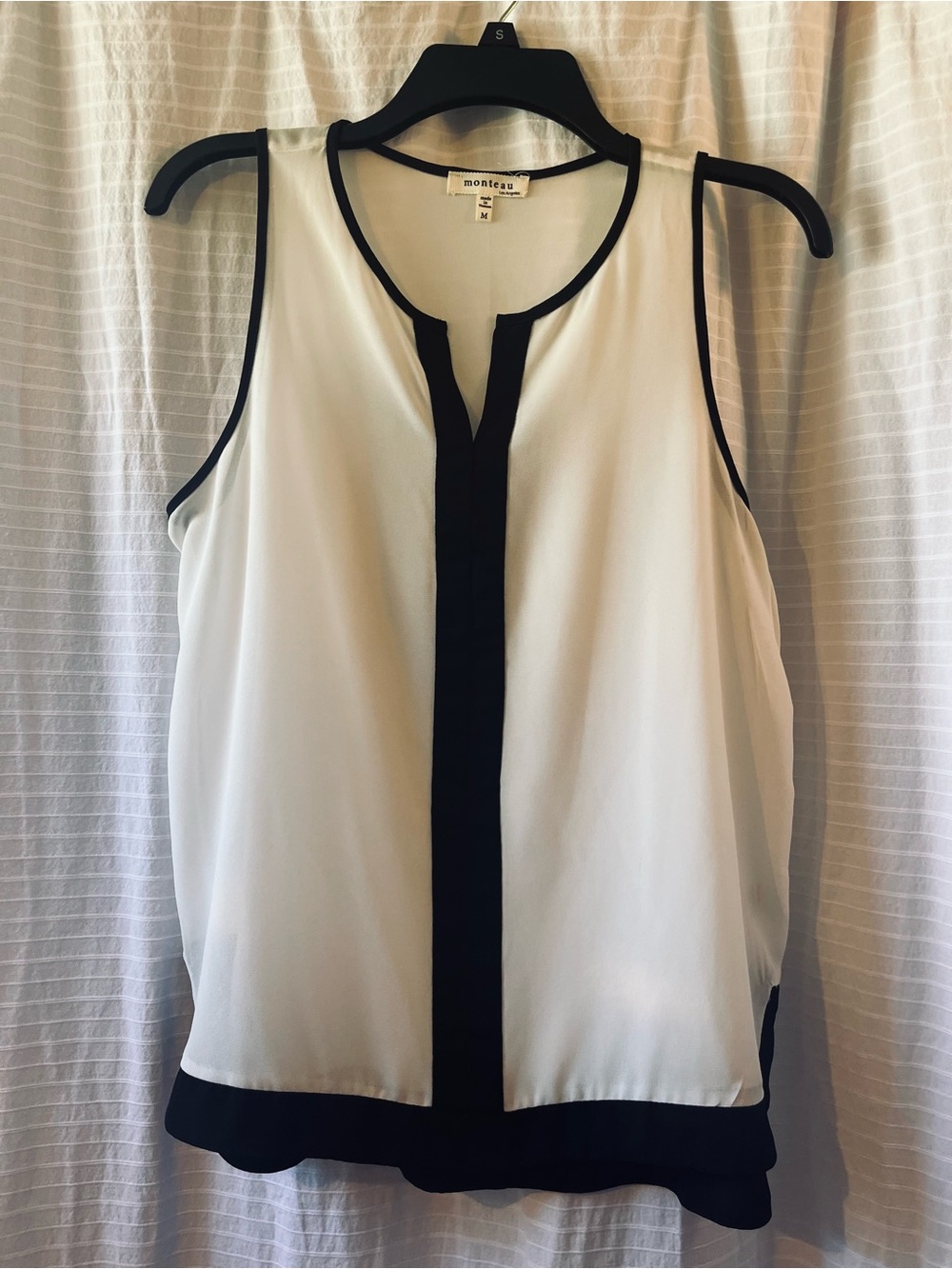 Sleeveless Sheer White Blouse with Black Trim